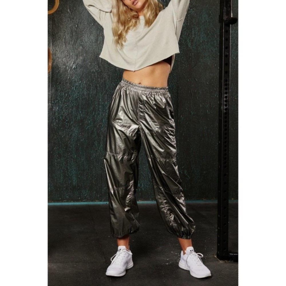 Free People Metallic Silver Track Jogger Pant - Size Small